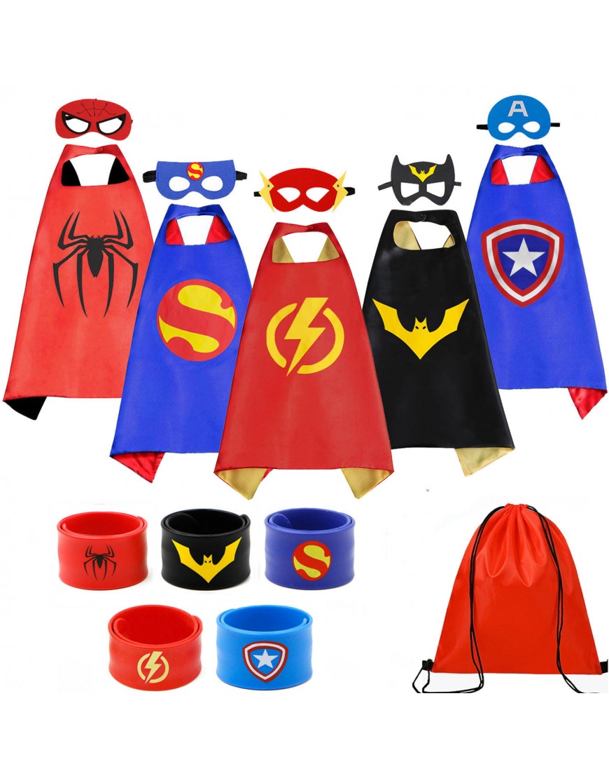 KARAZZO Superhero Capes for Kids 5PCS with Wristbands Halloween Costume Cosplay Festival Party Supplies Favors Dress Up Cloth Gifts for 3-12 Year Old Boys